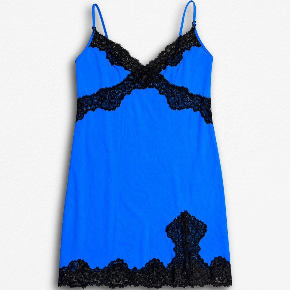 Victorias Secret Blue Black Lace Slip Dress Nightgown June 2011 Vintage Small - Picture 1 of 4